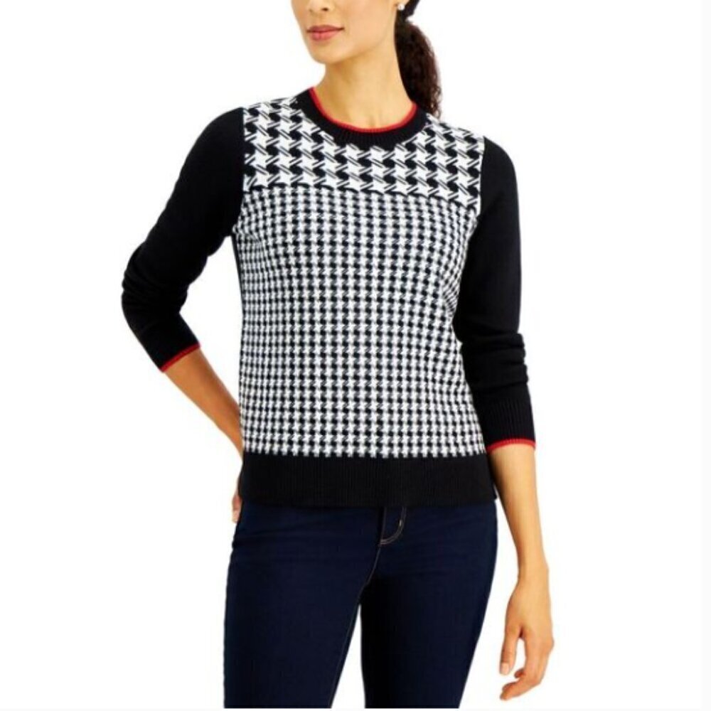 Charter Club Houndstooth Sweater Sz‎ PM Black White Red #319C